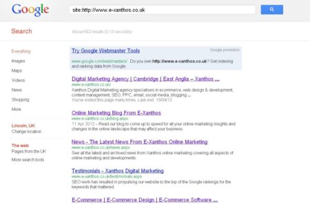 Google Site Index Screenshot - Xanthos Digital Marketing URL