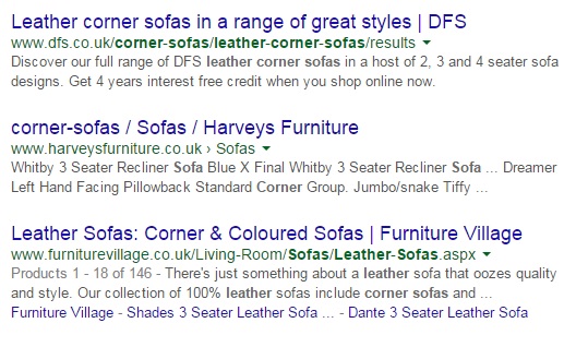 Meta descriptions ecommerce Leather Corner Sofa