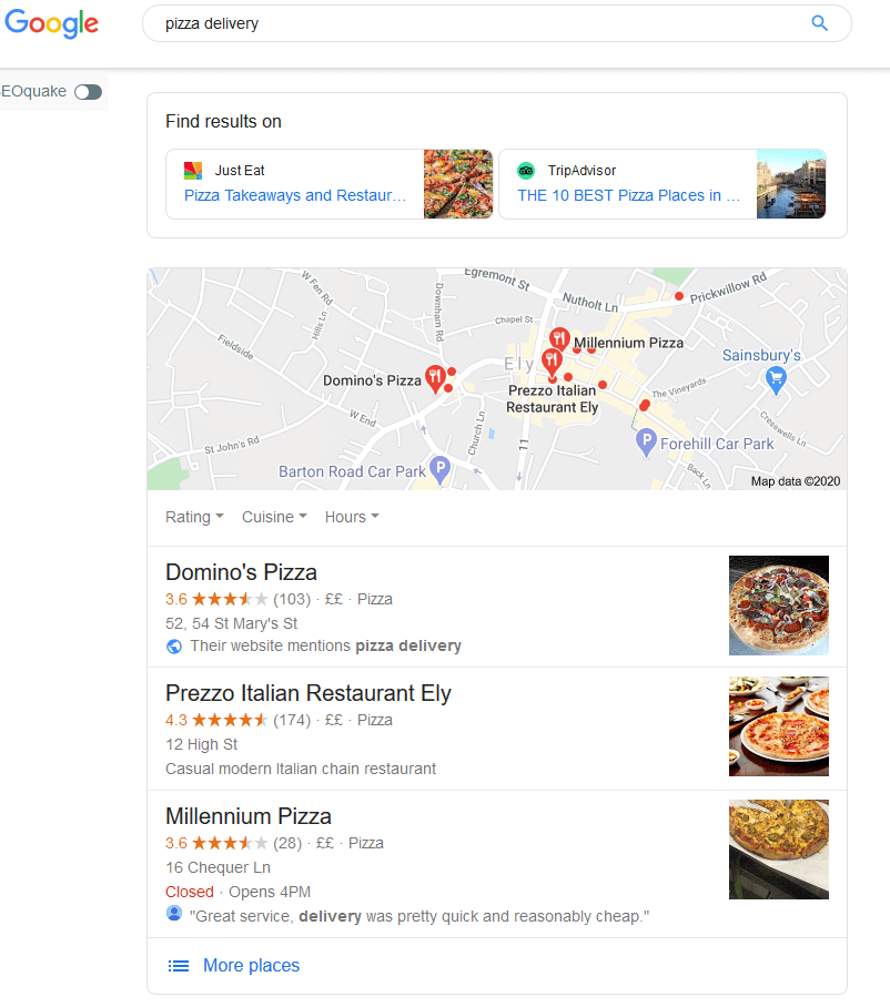 Pizza Delivery Ely Google Serp